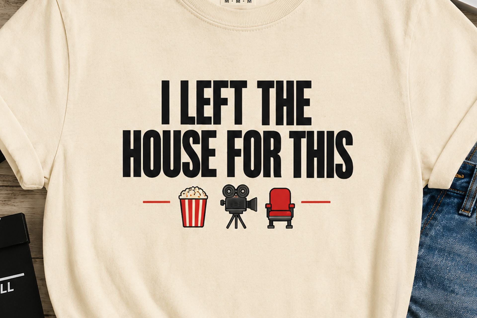 Cream Screeny t-shirt printed "I LEFT THE HOUSE FOR THIS" with popcorn, film camera and cinema seat icons